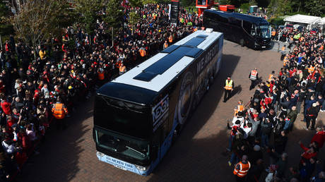 The Manchester City bus arrives for a game with Liverpool in October. © Reuters