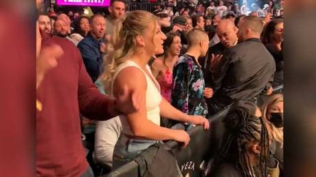 Kayla Harrison watched on as Amanda Nunes was beaten at UFC 269. © Twitter @ESPN