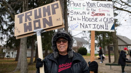 An anti-Biden demonstrator at the Let’s Go Brandon rally in Brandon Township, Michigan, November 20, 2021.