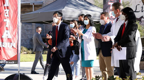 State Sen. Richard Pan announces anew Covid-19 vaccine mandate proposal at Arleta High School in Los Angeles, California
