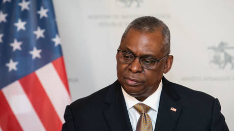 US Secretary of Defense Lloyd Austin is shown speaking to reporters earlier this month in Lithuania.