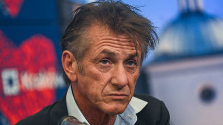 Actor Sean Penn is shown speaking at a press event earlier this week in Poland.