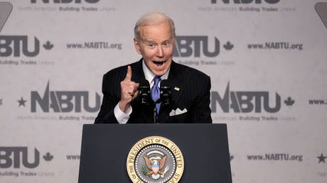Joe Biden speaks during the annual North Americas Building Trades Unions Legislative Conference in Washington, DC, April 6, 2022  Getty Images / Drew Angerer