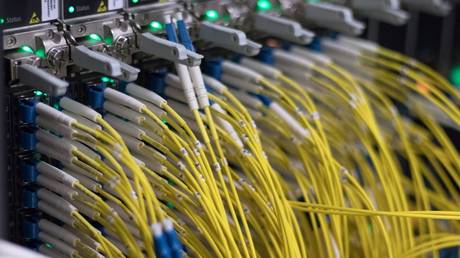 Cables are seen inside a data center at the internet exchange point DE-CIX (Deutscher Commercial Internet Exchange) on July 25, 2018, Frankfurt am Main, Germany