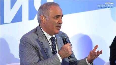 Russian opposition politician Garry Kasparov speaks during a conferense in Lithuania. Screenshot from a YouTube broadcast