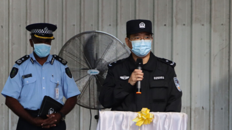China's police commissioner Zhang Guangbao speaks at the Rove Police Headquarters, the Solomon Islands.