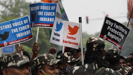 FILE PHOTO: Protesters are seen outside Twitter's office after the company temporarily locked the account of politician Rahul Gandhi, in New Delhi, India, August 9, 2021.