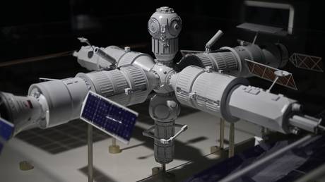 Mock-up of the Russian new orbital station at the stall of the Roscosmos State Corporation during the Army-2022 International Military-Technical Forum in Alabino, outside Moscow, Russia.