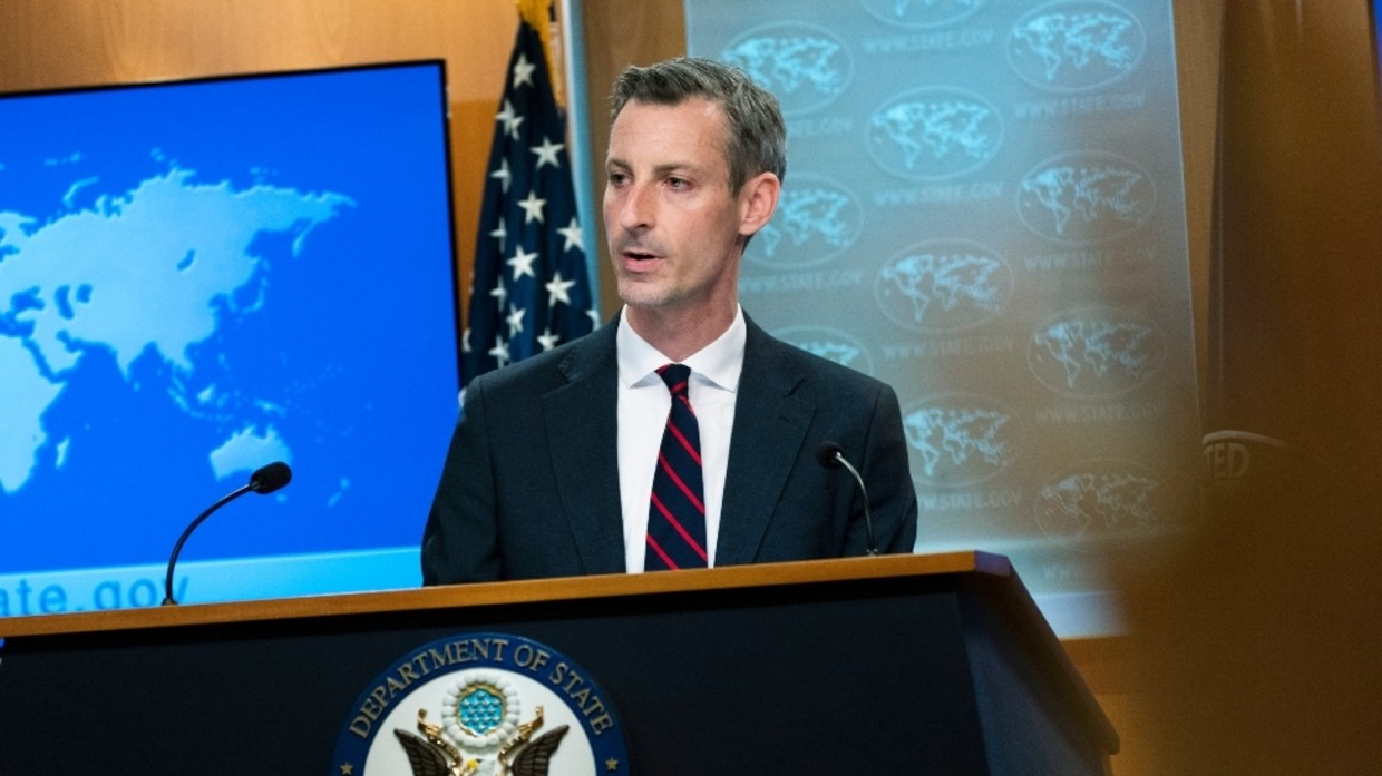 FILE PHOTO: State Department spokesman Ned Price speaks during a news conference at the State Department in Washington, DC, March 10, 2022.