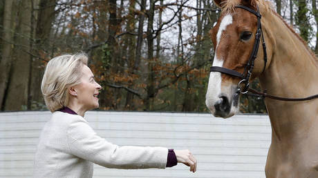File photo: European Commission President Ursula von der Leyen interacts with a French police officer's horse, January 30, 2020.
