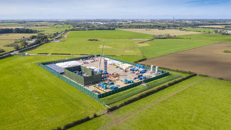 An aerial view of the Cuadrilla shale gas extraction (fracking) site at Preston New Road, near Blackpool on September 16, 2019 in Preston, England.