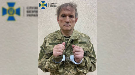 FILE PHOTO: Viktor Medvedchuk after he was detained by Ukrainian authorities in April 2022. © Security Service of Ukraine / Anadolu Agency / Getty Images