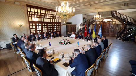 FILE PHOTO: Military delegations from Turkey, Russia, Ukraine and UN officials attend a meeting on July 13, 2022