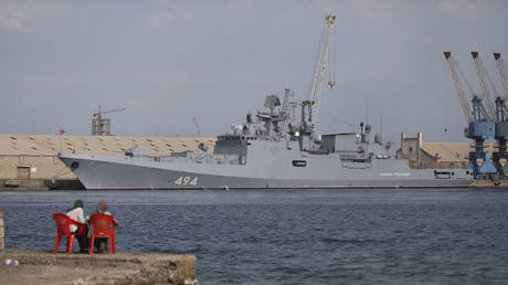 FILE PHOTO: A Russian warship is docked in the Port Sudan, February 28, 2021