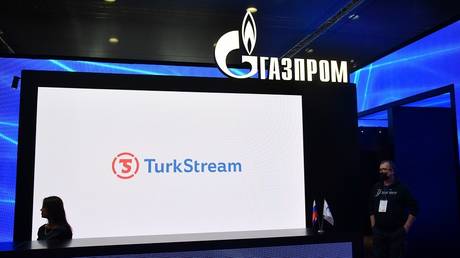 File photo: A TurkStream presentation at the Gazprom stand in Moscow, April 2021