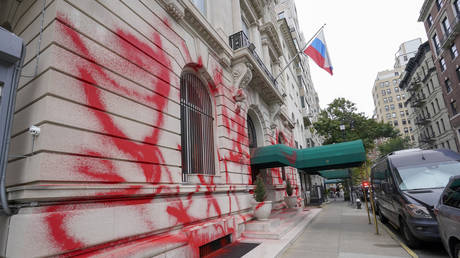 The Russian Consulate is seen covered in red paint, Friday, Sept. 30, 2022, in New York