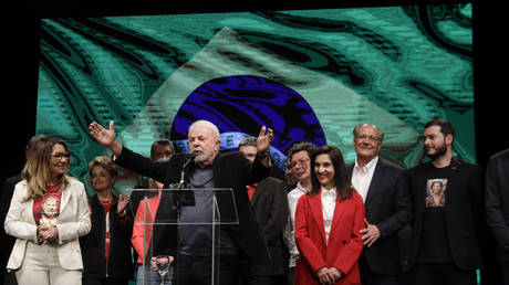 Former Brazilian President Luiz Inacio Lula da Silva speaks to supporters after general election polls closed in Sao Paulo, Brazil, October 2, 2022