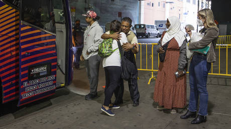 FILE PHOTO: Buses of migrants continue to arrive in New York, at the Port Authority bus terminal in midtown New York City.