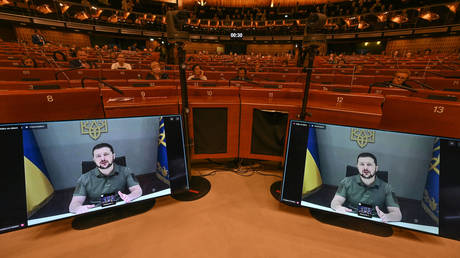 Vladimir Zelensky speaks during a session of the Parliamentary Assembly of the Council of Europe (PACE) on October 13, 2022.