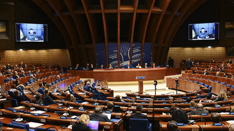 Vladimir Zelensky speaks during a session of the Parliamentary Assembly of the Council of Europe (PACE) on October 13, 2022.