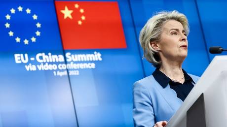 European Commission President Ursula von der Leyen speaks after a virtual summit with China's President in Brussels on April 1, 2022.
