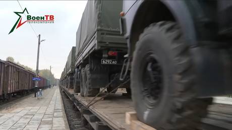 Russian military trucks arrive in Belarus. Screenshot from a video released by the Belarus Defense Ministry