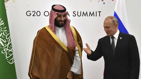 FILE PHOTO: Russian President Vladimir Putin meets Saudi Crown Prince Mohammed bin Salman at the G20 Summit in Osaka, Japan, June 29, 2019
