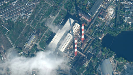 This satellite image provided by Maxar Technologies shows damage to a power station in Kyiv, Ukraine on Wednesday, Oct. 12, 2022.