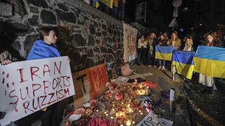 People demonstrate outside the Iranian embassy in Kiev, Ukraine, October 17, 2022