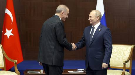 Russian President Vladimir Putin and Turkish President Recep Tayyip Erdogan shake hands during their meeting in Astana, Kazakhstan, October 13, 2022