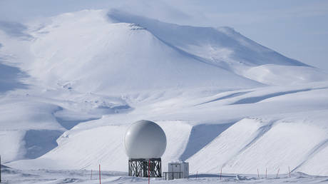 FILE PHOTO. A telecommunication dome of KSAT, Kongsberg Satellite Services, is pictured on a mountain top near Longyearbyen, in Svalbard Archipelago.