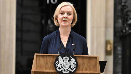 Prime Minister Liz Truss announces her resignation at 10 Downing Street on October 20, 2022 in London, England.