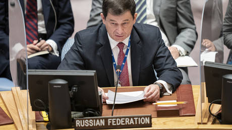 Dmitry Polyanskiy, first deputy permanent representative of Russia to the United Nations, speaks during a meeting of the United Nations Security Council.