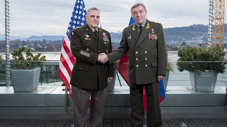 FILE PHOTO: Chairman of the Joint Chiefs of Staff Gen. Mark Milley meets with Chief of the Russian General Staff Gen. Valery Gerasimov in Bern, Switzerland, on December, 18, 2019.