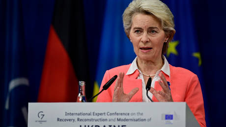 President of the EU Commission Ursula von der Leyen addresses a press conference in Berlin on October 25, 2022.