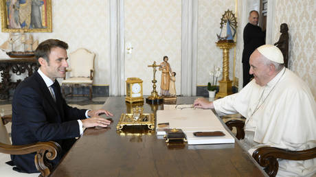 Pope Francis meets President of France Emmanuel Macron at the Apostolic Palace on October 24, 2022 in Vatican City, Vatican.