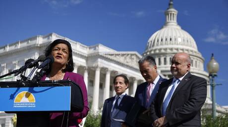 FILE PHOTO: Pramila Jayapal and fellow members of the House Progressive Caucus hold a news conference outside the US Capitol in Washington, DC, August 12, 2022