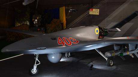 A Turkish-made Bayraktar drone of the Ukrainian Armed Forces on display at the Army-2022 expo in the Moscow Region.