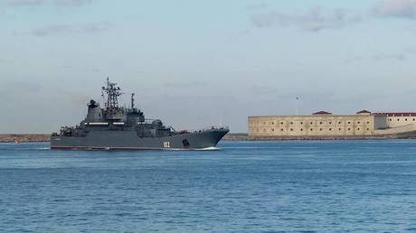 FILE PHOTO: Russian warship arrives enters the Crimean port of Sevastopol.