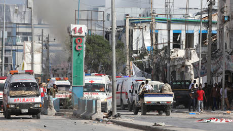 Ambulances at the site of the car bombings in Somalia’s capital Mogadishu.