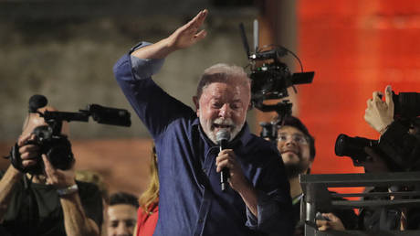 Brazilian president-elect Luiz Inacio Lula da Silva delivers a speech to supporters after winning the presidential run-off election.