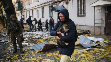 A girl with a cat near a residential building damaged as a result of shelling by the Ukrainian Armed Forces in Donetsk.