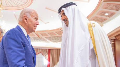 FILE PHOTO: Emir of Qatar Sheikh Tamim bin Hamad Al Thani meets US President Joe Biden within Jeddah Security and Development Summit in Jeddah, Saudi Arabia.