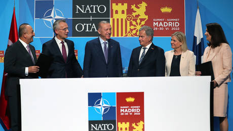 FILE PHOTO. Officials from Türkiye, Sweden, Finland, and NATO attend a signing ceremony of a memorandum on the Nordic countries’ NATO bids.