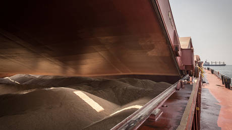 FILE PHOTO. Piles of grain are seen on board a vessel anchored in Istanbul, Türkiye.