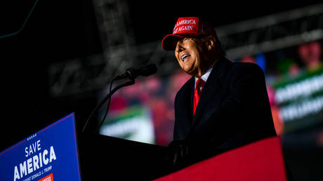 Former President Donald Trump speaks at a political rally on Thursday in Sioux City, Iowa.