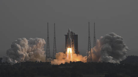 Long March-5B Y4 carrier rocket carrying the space lab module Mengtian, blasts off from the Wenchang Satellite Launch Center in south China's Hainan Province, Monday, Oct. 31, 2022.