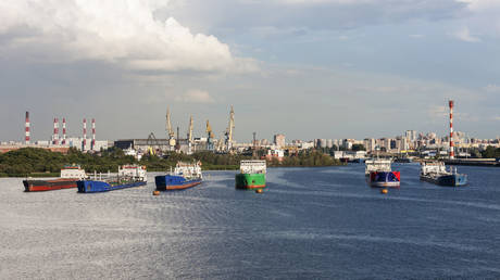Oil tanker ships and cranes at Merchants Harbor, Saint Petersburg, Russia