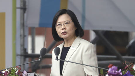Tsai Ing-wen delivers a speech during National Day celebrations in front of the Presidential Building in Taipei, Taiwan, October 10, 2022