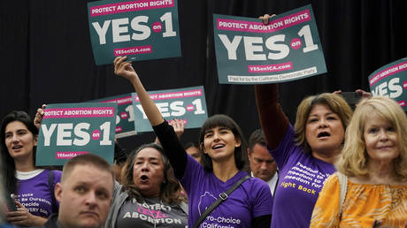 Supporters of abortion rights hold a rally at Long Beach City College in Long Beach, California, November 6, 2022